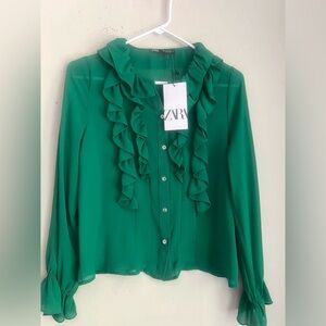 Zara Green Ruffled Bib Collar Blouse